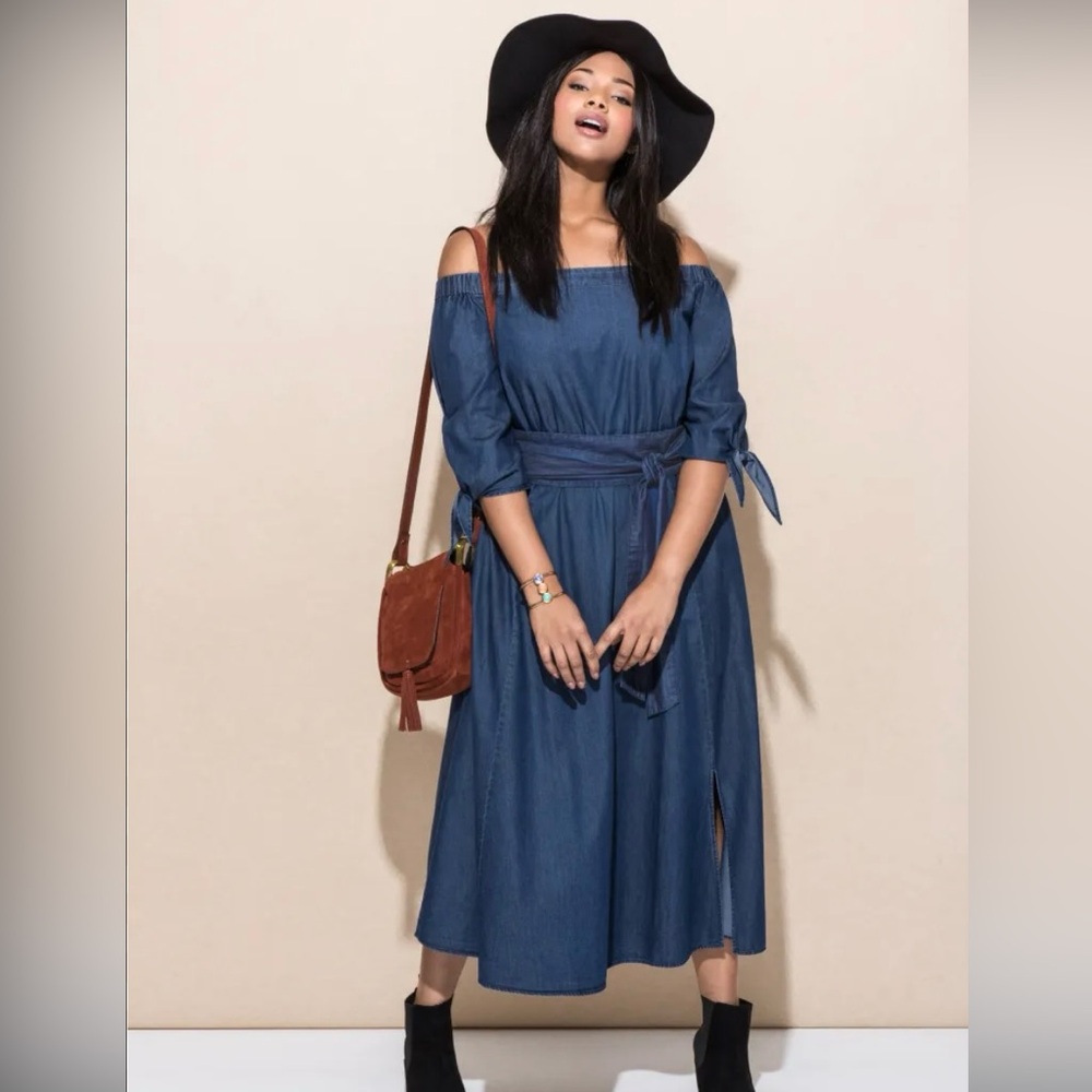 ELOQUII Off-Shoulder Midi Dress Size 18 Denim‎ Blue Belted
